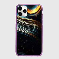 Чехол iPhone 11 Pro матовый Золотые волны на черном фоне, цвет: 3D-фиолетовый