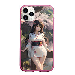 Чехол iPhone 11 Pro матовый Гейша в коротком кимоно на фоне сакуры, цвет: 3D-малиновый
