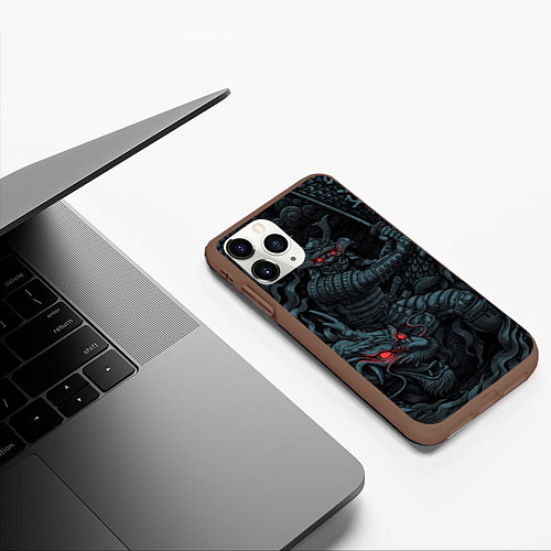 Чехол iPhone 11 Pro матовый Samurai and dragon / 3D-Коричневый – фото 3