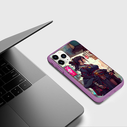 Чехол iPhone 11 Pro матовый Кибер самурай девушка / 3D-Фиолетовый – фото 3