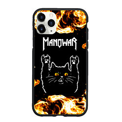 Чехол iPhone 11 Pro матовый Manowar рок кот и огонь, цвет: 3D-черный