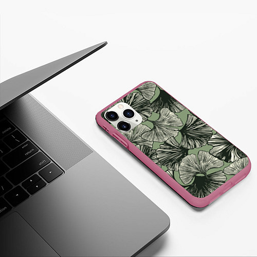 Чехол iPhone 11 Pro матовый Big leaves / 3D-Малиновый – фото 3