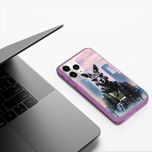 Чехол iPhone 11 Pro матовый Кенгуру в стиле киберпанк на фоне мегаполиса / 3D-Фиолетовый – фото 3