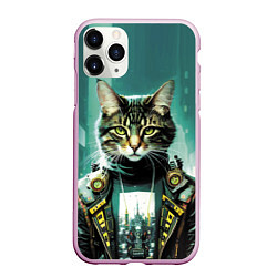 Чехол iPhone 11 Pro матовый Funny cat on the background of skyscrapers, цвет: 3D-розовый