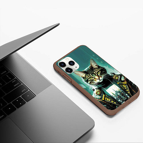 Чехол iPhone 11 Pro матовый Funny cat on the background of skyscrapers / 3D-Коричневый – фото 3