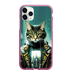 Чехол iPhone 11 Pro матовый Funny cat on the background of skyscrapers, цвет: 3D-малиновый