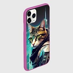 Чехол iPhone 11 Pro матовый Котяра в стиле киберпанк на фоне ночного города, цвет: 3D-фиолетовый — фото 2