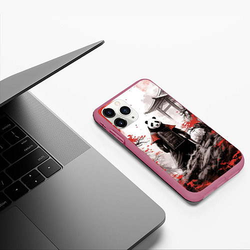 Чехол iPhone 11 Pro матовый Panda samurai / 3D-Малиновый – фото 3