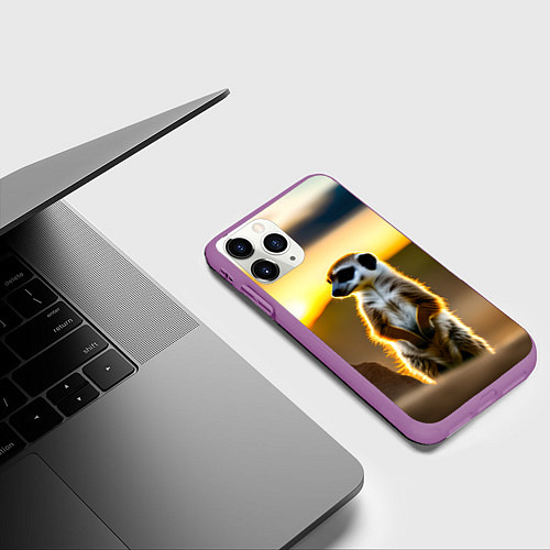 Чехол iPhone 11 Pro матовый Сурикат на фоне рассвета / 3D-Фиолетовый – фото 3