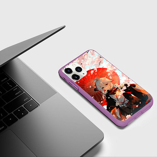 Чехол iPhone 11 Pro матовый Казуха с зонтиком - Геншин Импакт / 3D-Фиолетовый – фото 3