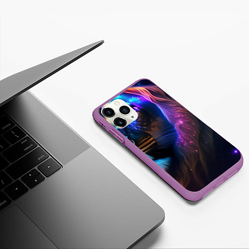 Чехол iPhone 11 Pro матовый Лев с радужной гривой и голубыми глазами / 3D-Фиолетовый – фото 3