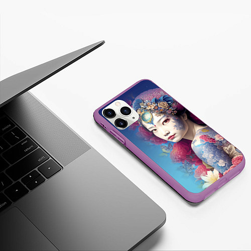 Чехол iPhone 11 Pro матовый Japanese girl - irezumi - tattoo - art / 3D-Фиолетовый – фото 3