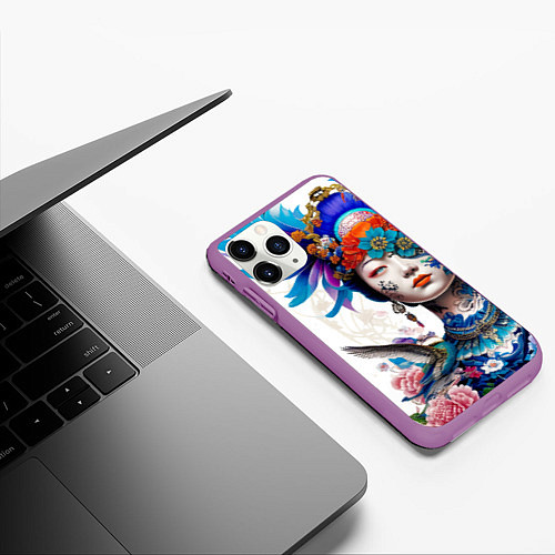 Чехол iPhone 11 Pro матовый Japanese girl - irezumi - tattoo / 3D-Фиолетовый – фото 3