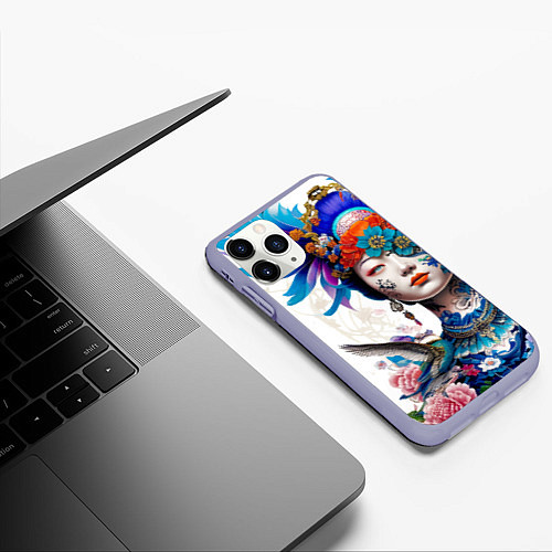 Чехол iPhone 11 Pro матовый Japanese girl - irezumi - tattoo / 3D-Светло-сиреневый – фото 3