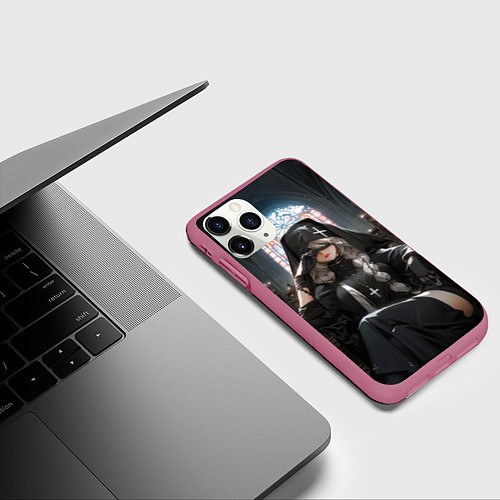 Чехол iPhone 11 Pro матовый Монашка 2b от нейросети / 3D-Малиновый – фото 3