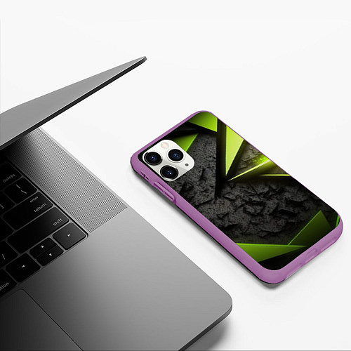 Чехол iPhone 11 Pro матовый Зеленые абстрактные осколки / 3D-Фиолетовый – фото 3