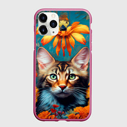 Чехол iPhone 11 Pro матовый Дикая кошка в цветах, цвет: 3D-малиновый