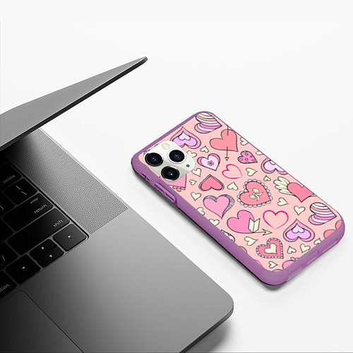 Чехол iPhone 11 Pro матовый Many many hearts / 3D-Фиолетовый – фото 3