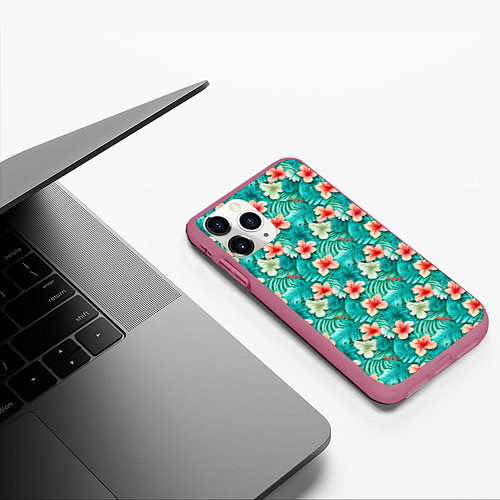 Чехол iPhone 11 Pro матовый Летние цветочки паттерн / 3D-Малиновый – фото 3