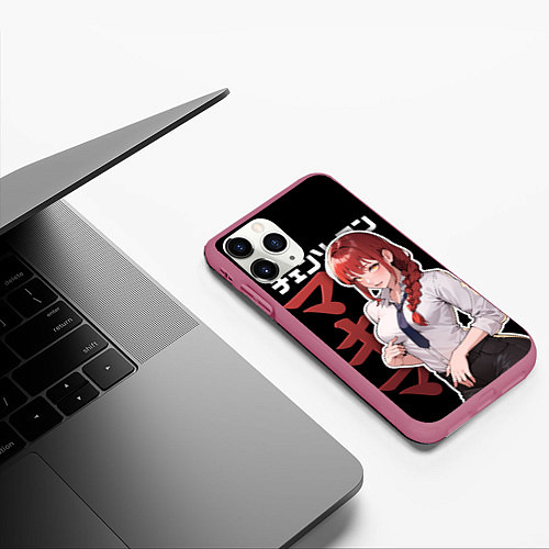Чехол iPhone 11 Pro матовый Демон контроля - Макима и иероглифы / 3D-Малиновый – фото 3