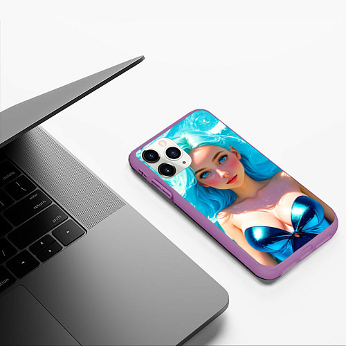 Чехол iPhone 11 Pro матовый Девушка на фоне бирюзовых волн / 3D-Фиолетовый – фото 3