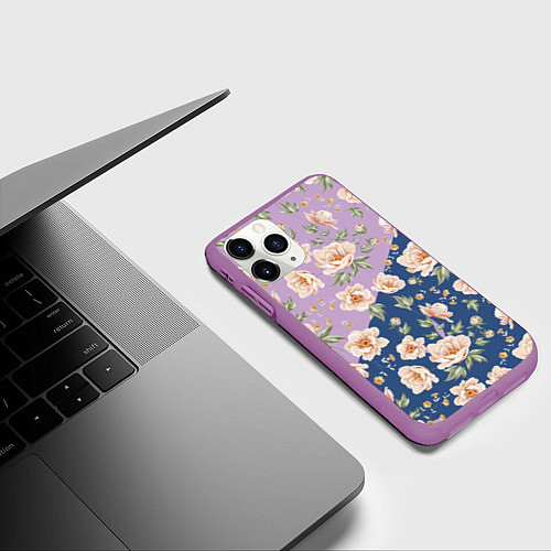 Чехол iPhone 11 Pro матовый Розовые пионы паттерн / 3D-Фиолетовый – фото 3
