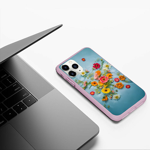 Чехол iPhone 11 Pro матовый Букет полевых цветов на ткани / 3D-Розовый – фото 3