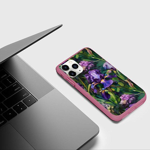 Чехол iPhone 11 Pro матовый Ирисы паттерн / 3D-Малиновый – фото 3
