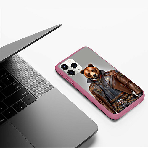 Чехол iPhone 11 Pro матовый Cool bear - steampunk - neural network / 3D-Малиновый – фото 3