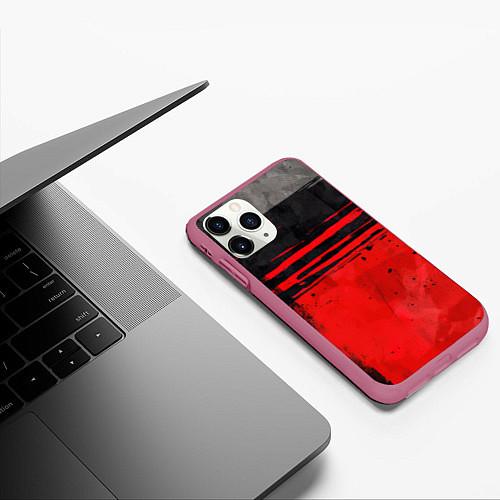 Чехол iPhone 11 Pro матовый Black red texture / 3D-Малиновый – фото 3