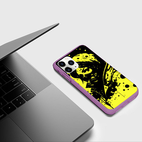 Чехол iPhone 11 Pro матовый Девушка в респираторе и кляксы чернил / 3D-Фиолетовый – фото 3