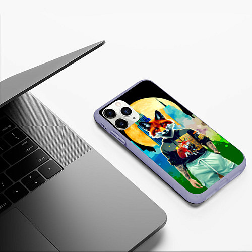Чехол iPhone 11 Pro матовый Лис на фоне луны - ночной Нью-Йорк / 3D-Светло-сиреневый – фото 3