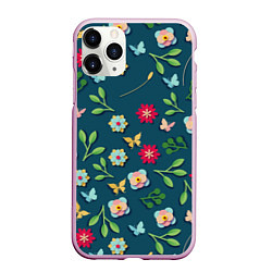 Чехол iPhone 11 Pro матовый Цветы и разноцветные бабочки, цвет: 3D-розовый