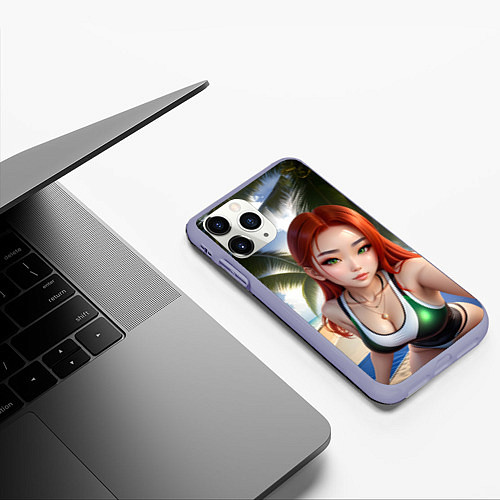 Чехол iPhone 11 Pro матовый Девушка с рыжими волосами на пляже / 3D-Светло-сиреневый – фото 3