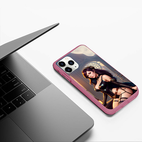 Чехол iPhone 11 Pro матовый Красивая девушка в стиле стимпанк / 3D-Малиновый – фото 3
