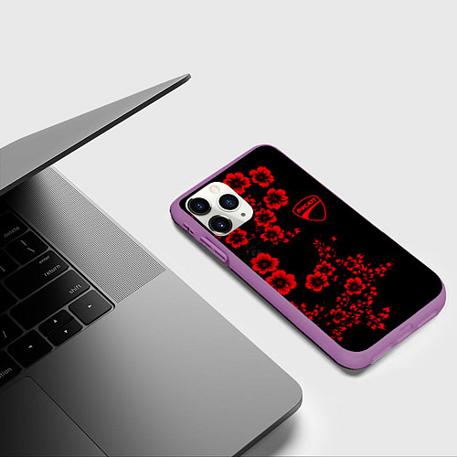 Чехол iPhone 11 Pro матовый Ducati - red flowers / 3D-Фиолетовый – фото 3