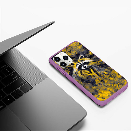 Чехол iPhone 11 Pro матовый Абстрактный желтый енот в стиле арт / 3D-Фиолетовый – фото 3