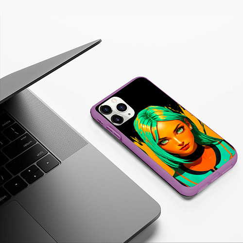 Чехол iPhone 11 Pro матовый Девушка с аквамариновыми волосами с жёлтой краской / 3D-Фиолетовый – фото 3