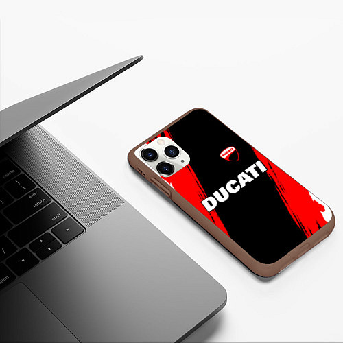 Чехол iPhone 11 Pro матовый Ducati moto - красные полосы / 3D-Коричневый – фото 3