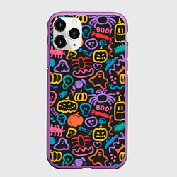 Чехол iPhone 11 Pro матовый Halloween colorful pumpkins, ghosts, spiders, цвет: 3D-фиолетовый