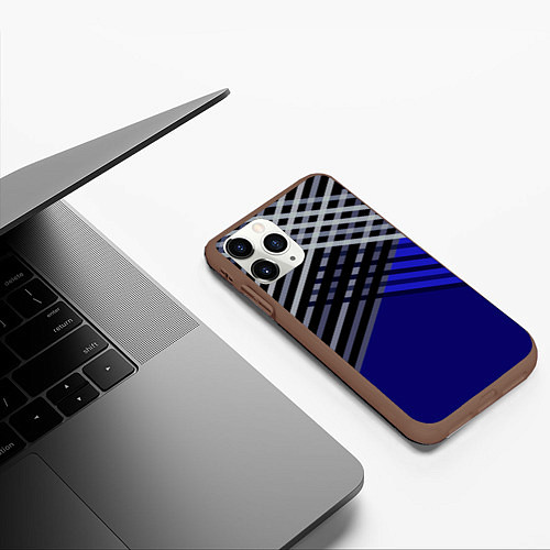 Чехол iPhone 11 Pro матовый Белые и серые полосы на синем фоне / 3D-Коричневый – фото 3