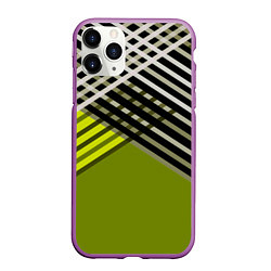 Чехол iPhone 11 Pro матовый Косые черно-белые полосы на оливковом фоне, цвет: 3D-фиолетовый