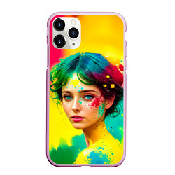 Чехол iPhone 11 Pro матовый Девушка с зелёными глазами в брызгах краски, цвет: 3D-розовый