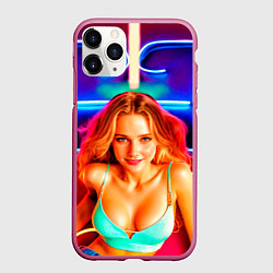 Чехол iPhone 11 Pro матовый Девушка на фоне неонового логотипа
