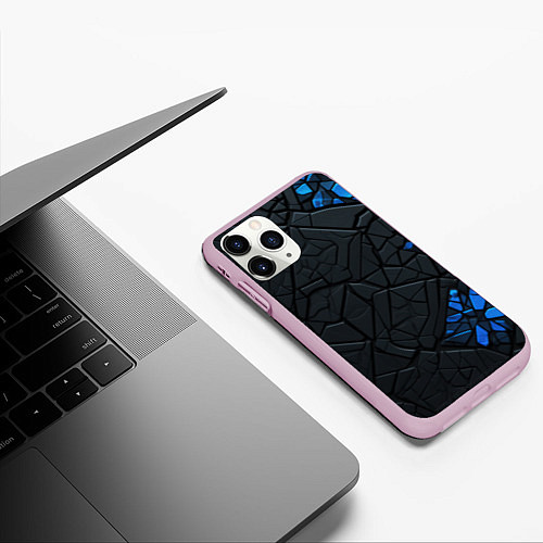 Чехол iPhone 11 Pro матовый Черные плиты с синими вставками / 3D-Розовый – фото 3