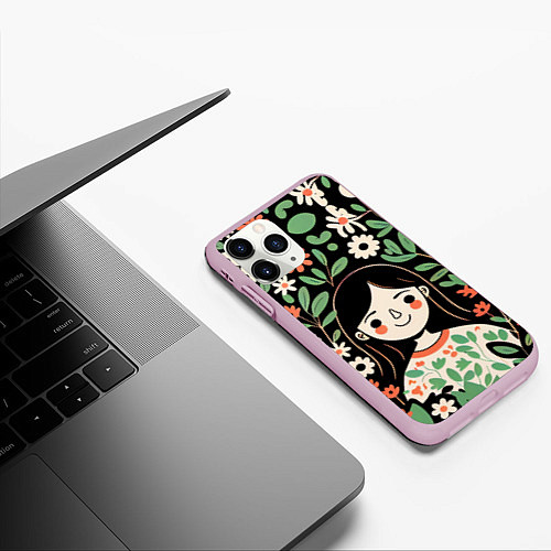 Чехол iPhone 11 Pro матовый Девочка в цветах - Бохо / 3D-Розовый – фото 3