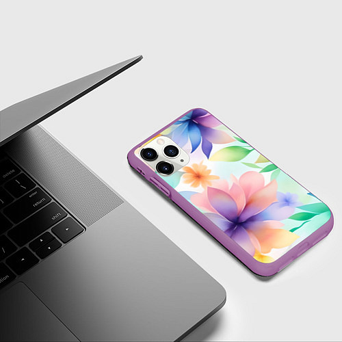 Чехол iPhone 11 Pro матовый Акварельные цветы - нейросеть / 3D-Фиолетовый – фото 3