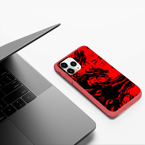 Чехол iPhone 11 Pro матовый Черный дракон на красном небе / 3D-Красный – фото 3
