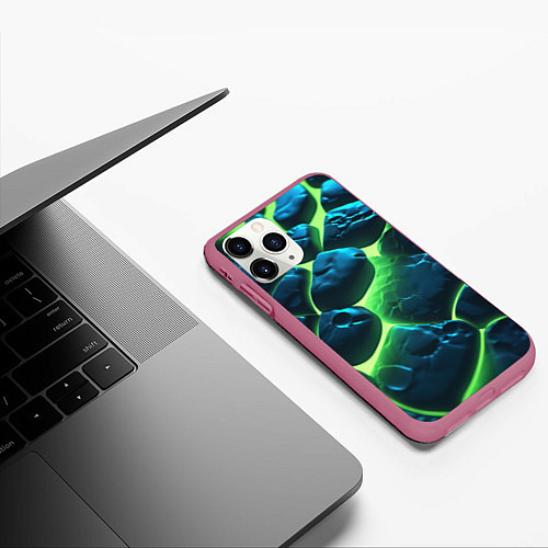 Чехол iPhone 11 Pro матовый Разлом зеленых плит с неоном / 3D-Малиновый – фото 3