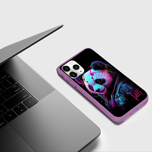 Чехол iPhone 11 Pro матовый Панда в красках киберпанк / 3D-Фиолетовый – фото 3